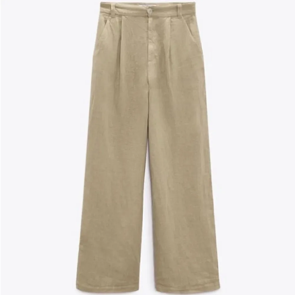 ZARA WIDE LEG LINEN PANTS LIGHT KHAKI